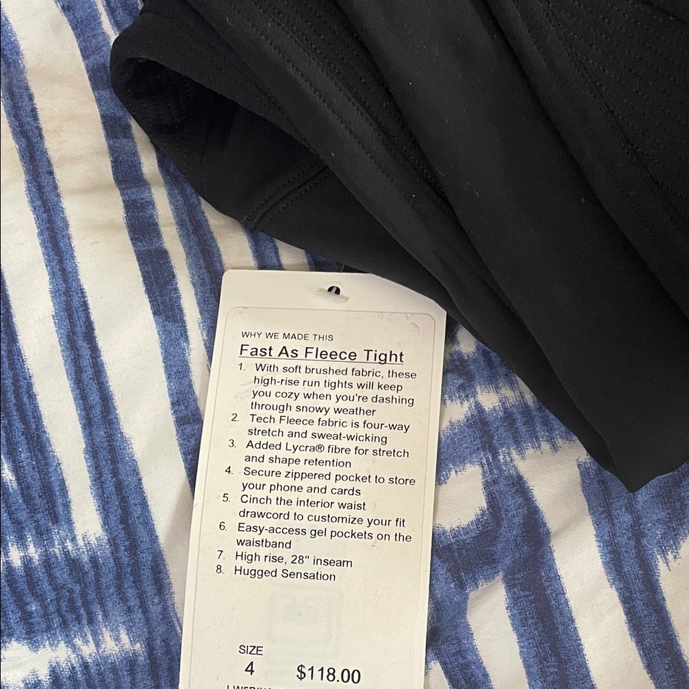 Black Lululemon Fast As Fleece Tights- new w tags.  Amazing winter tights